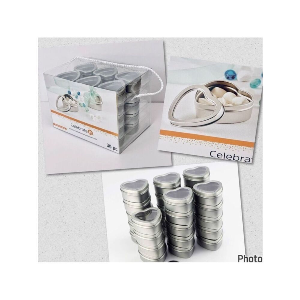 New in Box Celebrate it 30 Heart Metal Tins with Window Lids Wedding Favor Kit